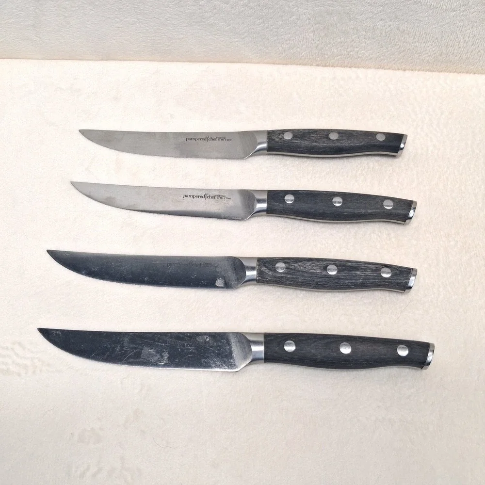 Pampered Chef (4) Steak Knives Dark Gray Handle German Steel